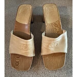 Salvatore Ferragamo Platform Wooden Tan Leather Mules Clogs Sandals Size 6.5